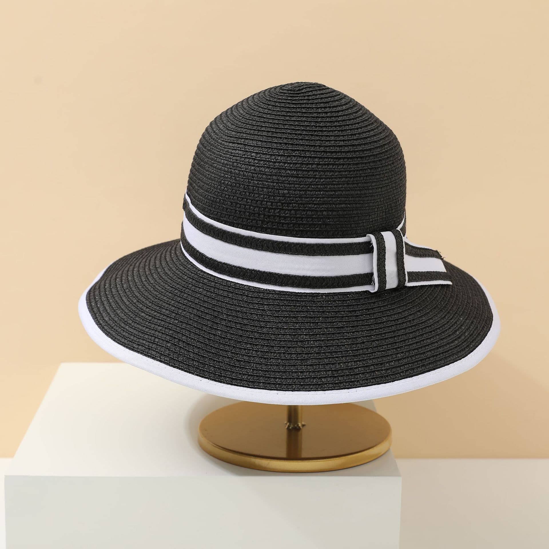 Women's Fashionable Summer Sun Hat Bow Shaped Foldable Straw Woven Large Brim Beach Hat for Outdoor Sun Protection Adult black