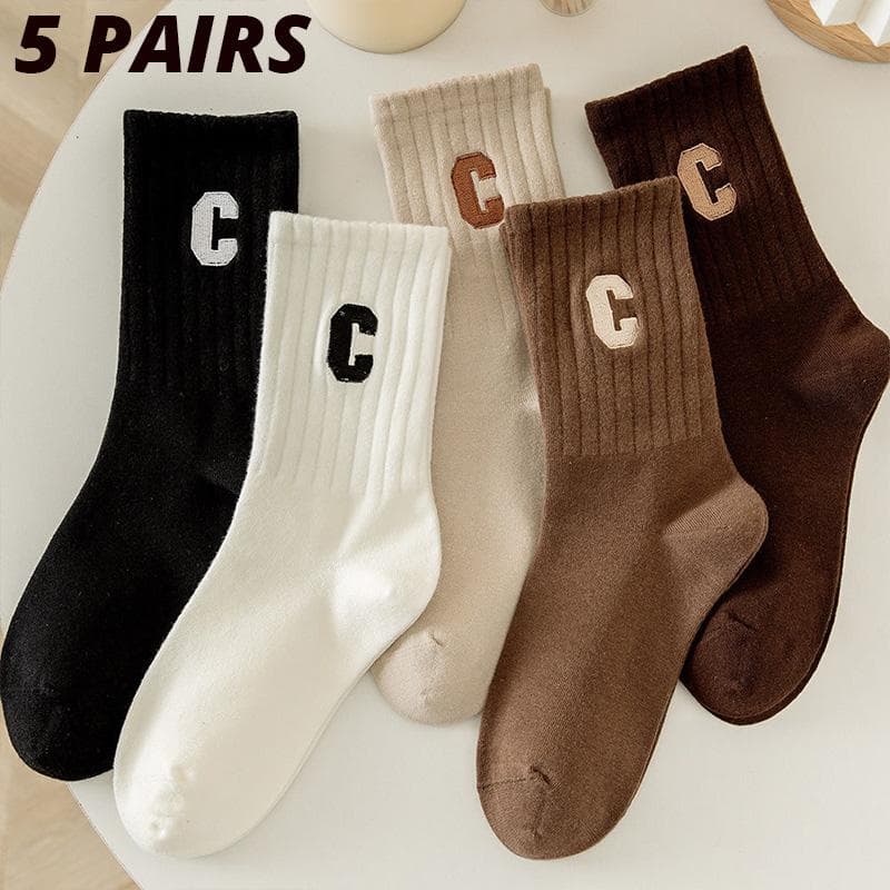 5 Pairs Women's High Quality Socks Maillard Alphabet Sports Mid length Socks Seasonal Sports INS Women's Trend Socks One Size