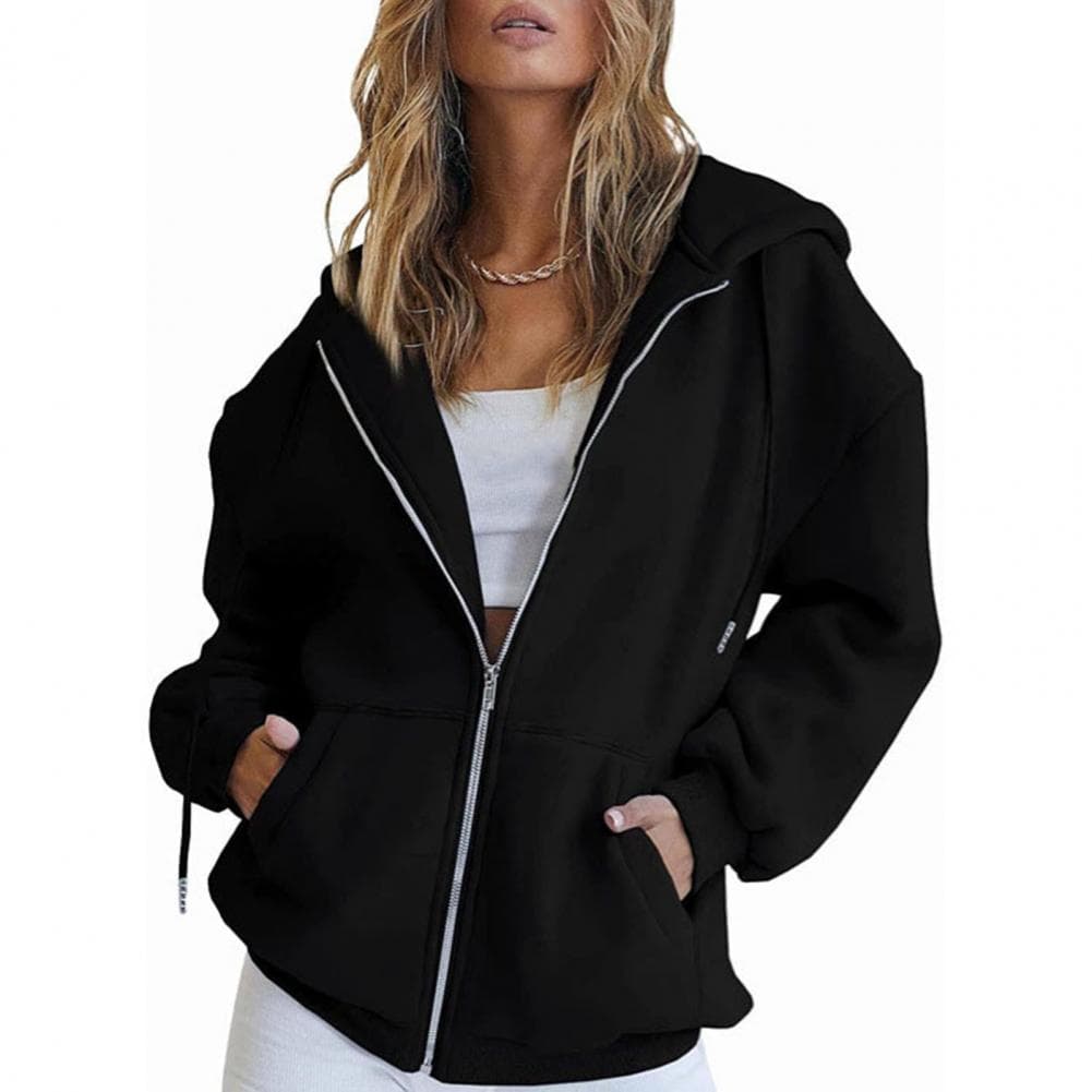 Autumn Women Solid Color Sweatshirt Coat Loose Fit Hooded Drawstring Long Sleeve Pockets Oversized Casual Hoodie Outwear M black