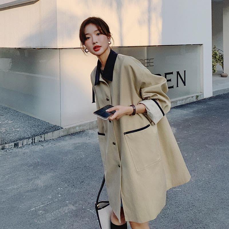 Khaki Trench Coat Women's Mid-length Early Spring and Autumn New Small Korean Style Coat XL