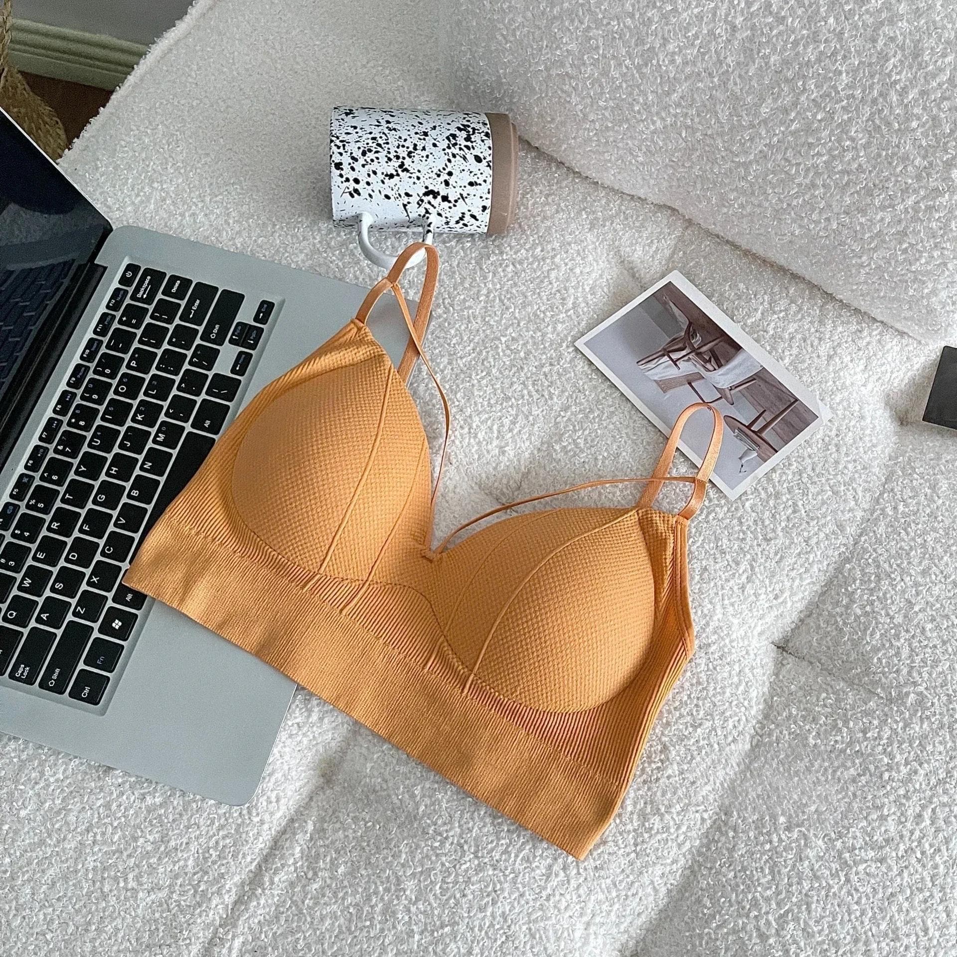 Women's Cotton Underwear Tube Tops Sexy Solid Color Top Girls Fashion Push Up Bra V-Neck Tank Up Female Lingerie orange