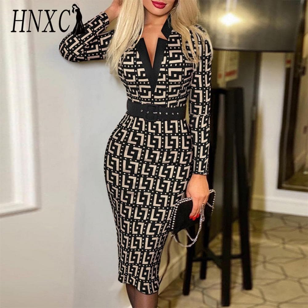 HNXC Women's Fashion Spring Autumn Long Sleeve V-Neck High Waist Casual Dresses XXL