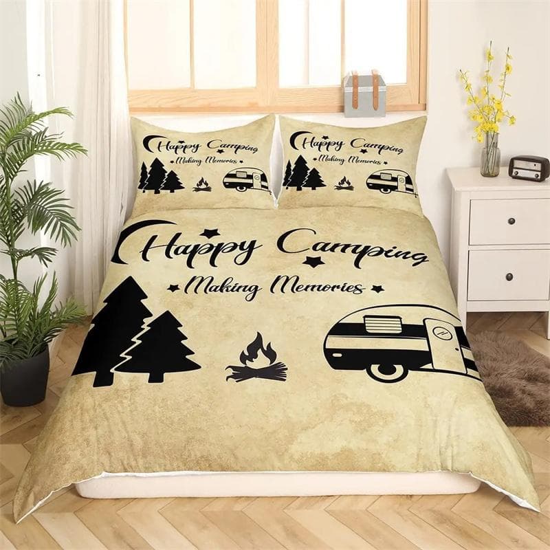 Happy Camping Comforter Cover King, Summer Camping Decoration Bedding For Boy Teens Family, Beach Vacation Style Duvet Cover Set 140x200cm 2pcs