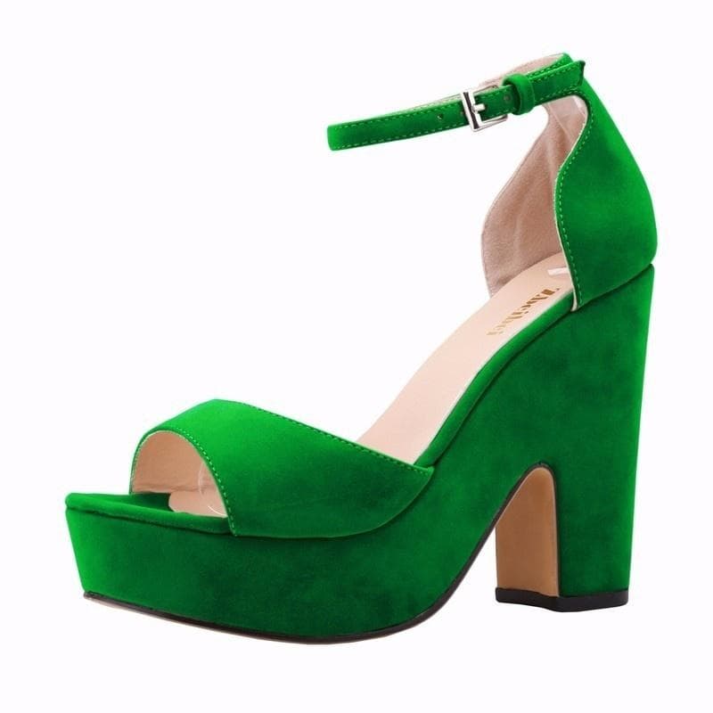 Summer Ankle Strap Sandal 12cm Women Pumps Sexy Peep Toe Square High Heels Woman Shoes Flock Platform Wedding Shoes 39 green