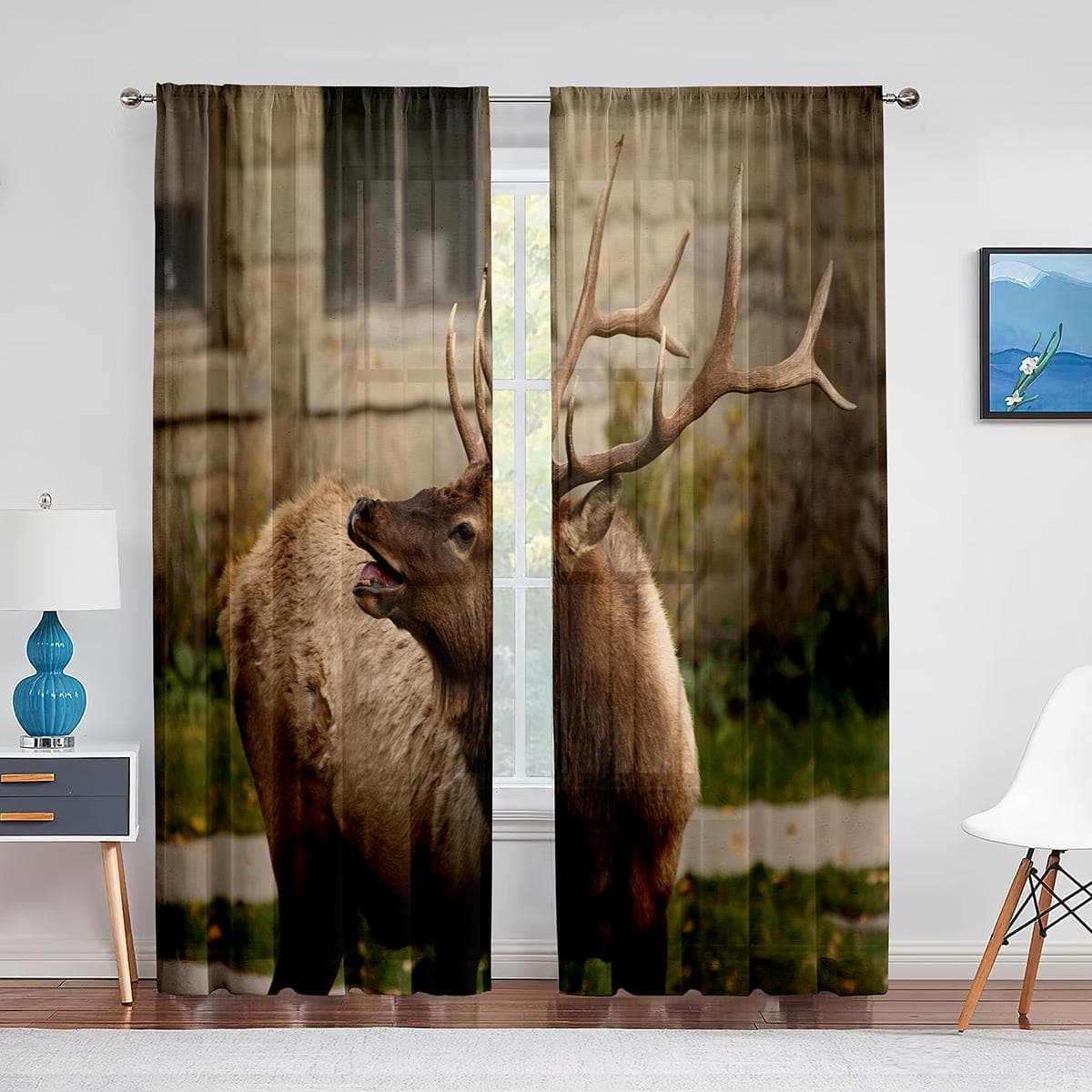 Deer In The Mountain Sheer Curtains for Living Room Decor Wild Animals Hunting Window Curtain Bedroom Kitchen Tulle Voile Drapes 1 PCS W100XH250cm&Grommet Top