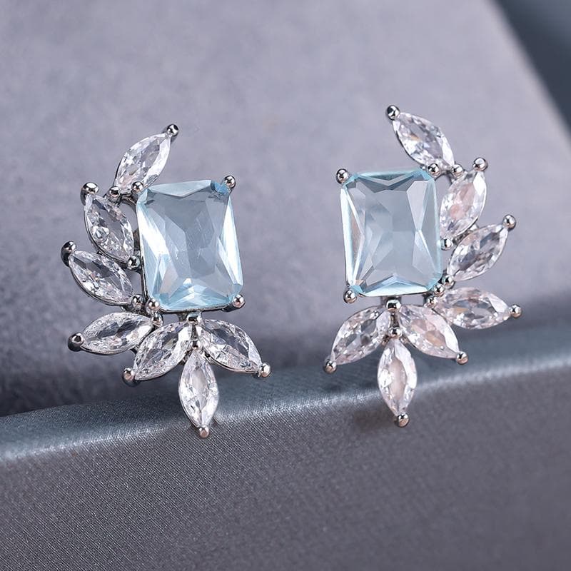 Exquisite Leaf Zircon Square Earrings for Women Silver Color Wedding Banquet Earrings Charm Jewelry Gifts aqua blue
