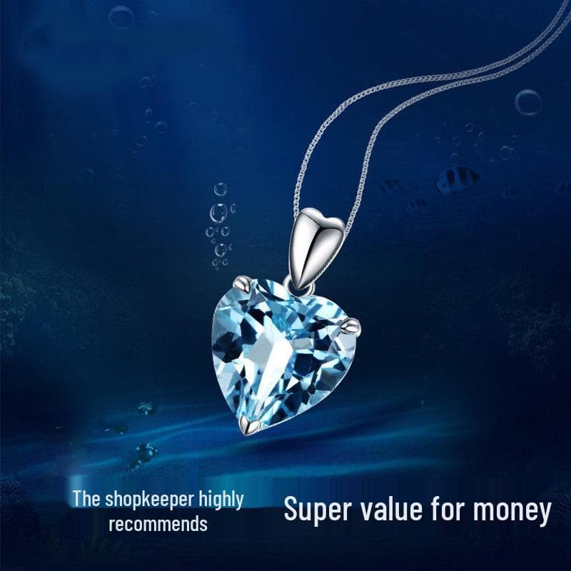 Natural Blue Crystal Topaz Heart Necklace, Ocean-Inspired, 925 Silver Plated.