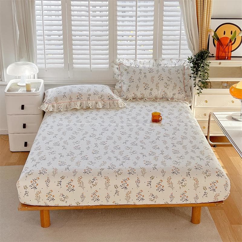 Floral Style Fitted Sheet Pure Cotton Bed Cover Skin-Friendly Bed Sheets Couvre Lit Adults Kids Bed Linen (No Pillowcase) 90x200x25cm 1pc