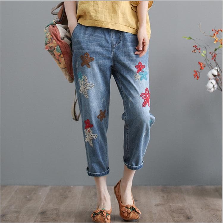 Fashion Summer Ladies Ripped Loose Jeans Womens Leisure Embroidery Denim Trousers Vintage Females Elastic Harem Pants S