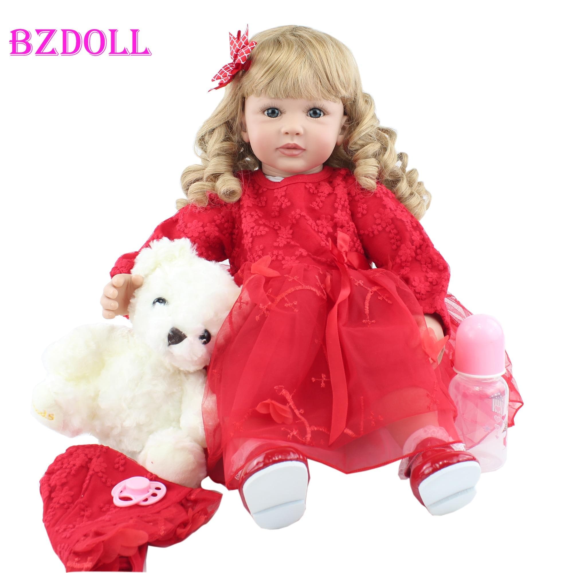 BZDOLL 60cm Soft Silicone Reborn Blonde Long Hair Toddler Doll Viny Princess Boneca Lovely Girl Birthday Gift Play House Toy 60cm Doll, Blue eyes