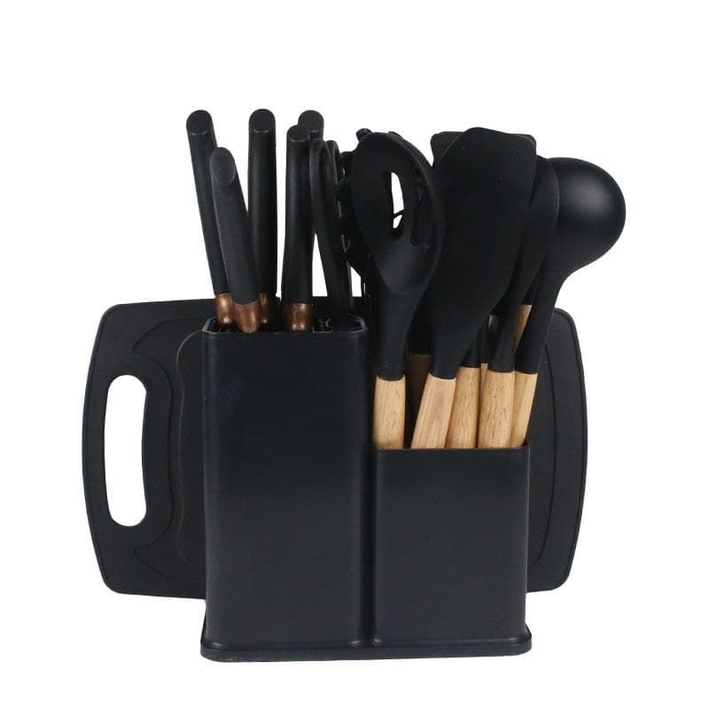 19pcs Heat Resistant Silicone Kitchen Utensil Set with Non Stick Tools and Knives in Bamboo Storage Ideal for Easy Cooking black