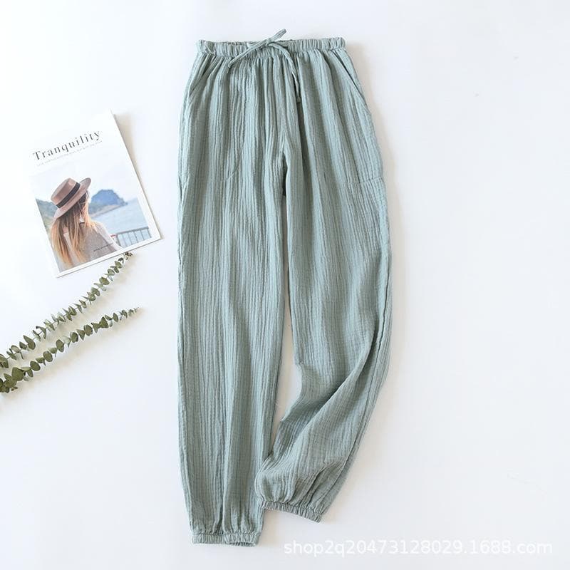 Spring Summer 100% Cotton Muslin Gauze Pants Women'S Casual Japanese Korean Homewear Pajama Cuffed Pantalones Female Clothing XL dark green
