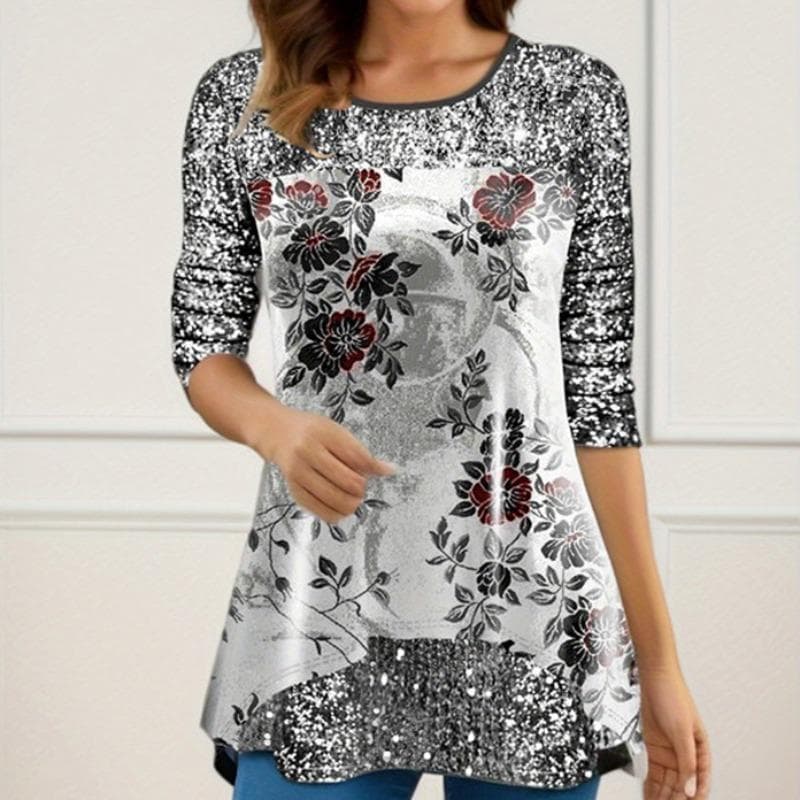 YYFS Women's Fashion Casual Spring Fall Flower Pattern Print Long Sleeve O-Neck Blouses & Shirts S white
