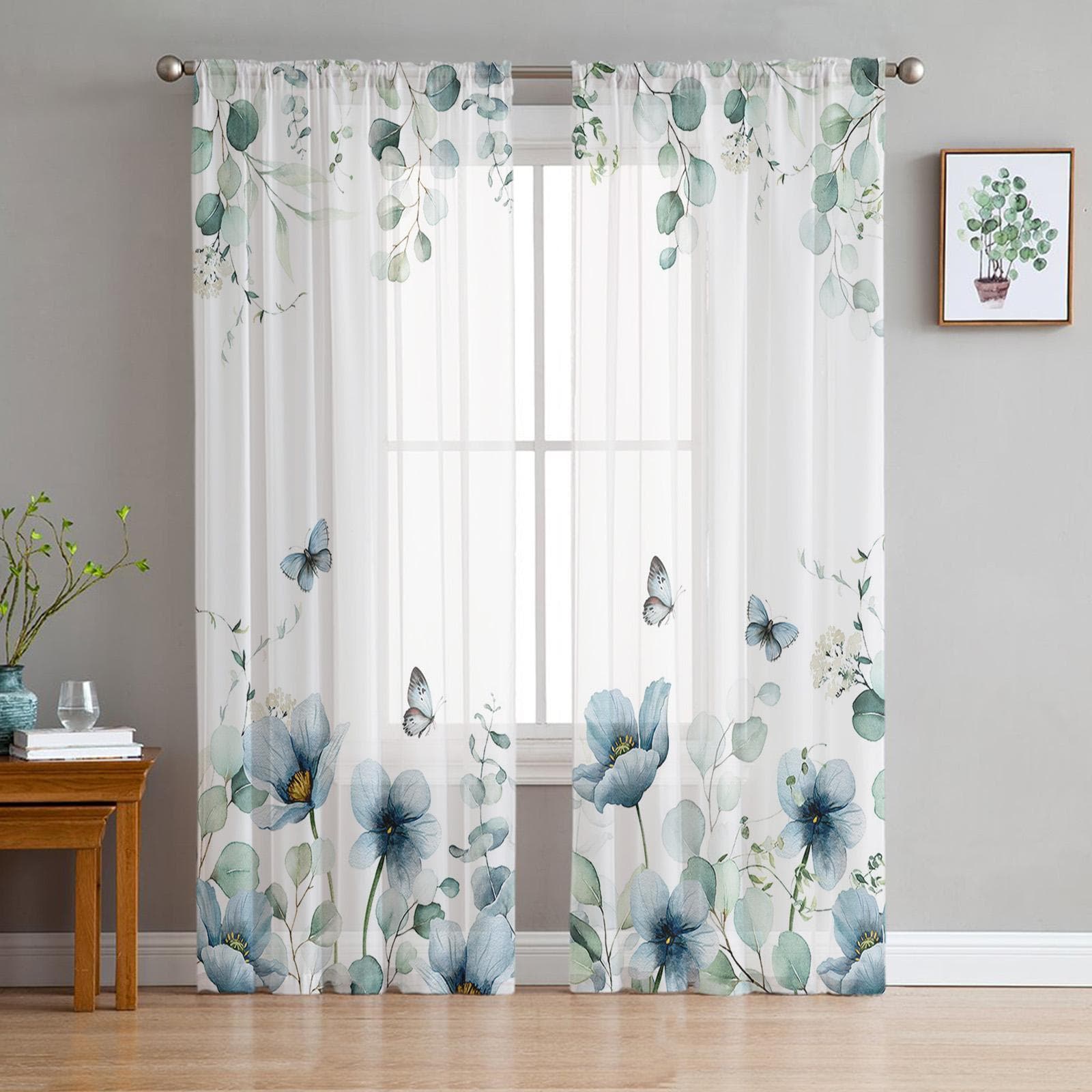 Eucalyptus Tulip Butterfly Flower Daisy Leaf Sheer Curtains Bedroom Living Room Voile Window Curtains Tulle Curtains Kids Room 135W x 114H(cm)