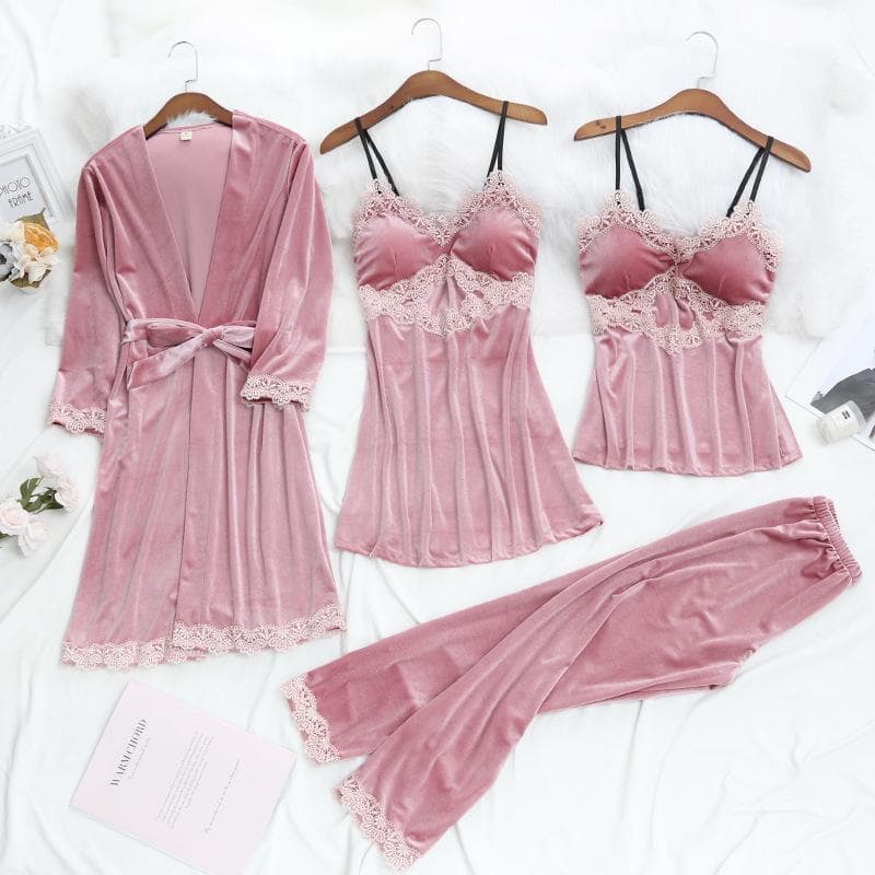 Sexy Lace Trim Four Piece Pajamas Set Female Sepwear Trouser Suits Pink Velour Nightgown Autumn Winter Loose Velvet Home Wear L