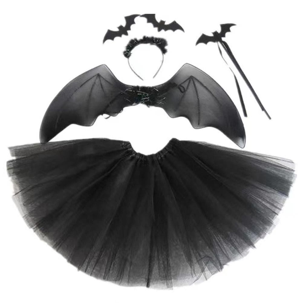 4Pcs Girls Halloween Cosplay Costume Dress Up Dress Black Mesh Skirt with Headband Bat Wing Wand Average code