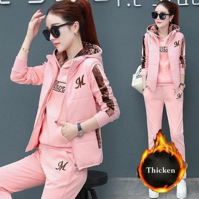 3 Piece Set Women Suit Tracksuit Winter Hoodies+Vest+Pants Track Suit Plus Velvet Warm Sporting Suits Female Clothes 8110924 L47.5-55kg pink