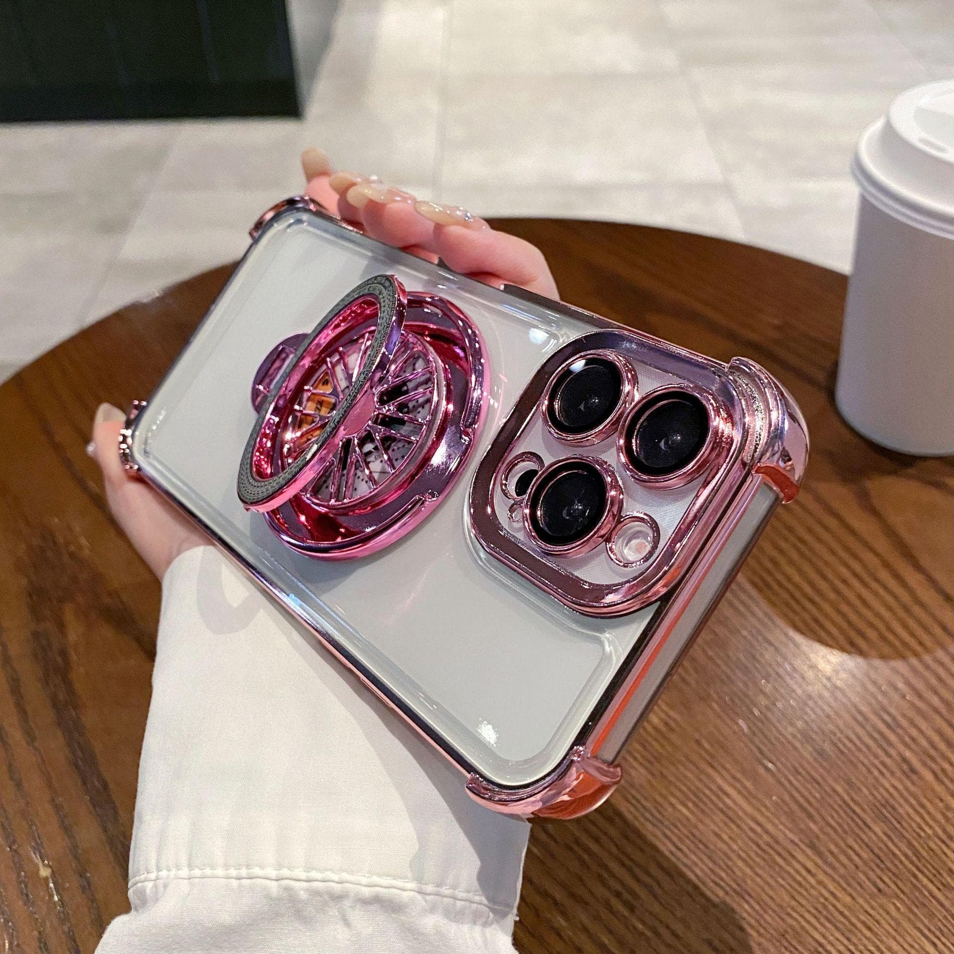 Applicable To IPhone 16 Mobile Phone Case Gyro Magnetic Suction Bracket Apple 15pro Four Corner Anti-fall 14 Airbag Protection Case iPhone11pro pink