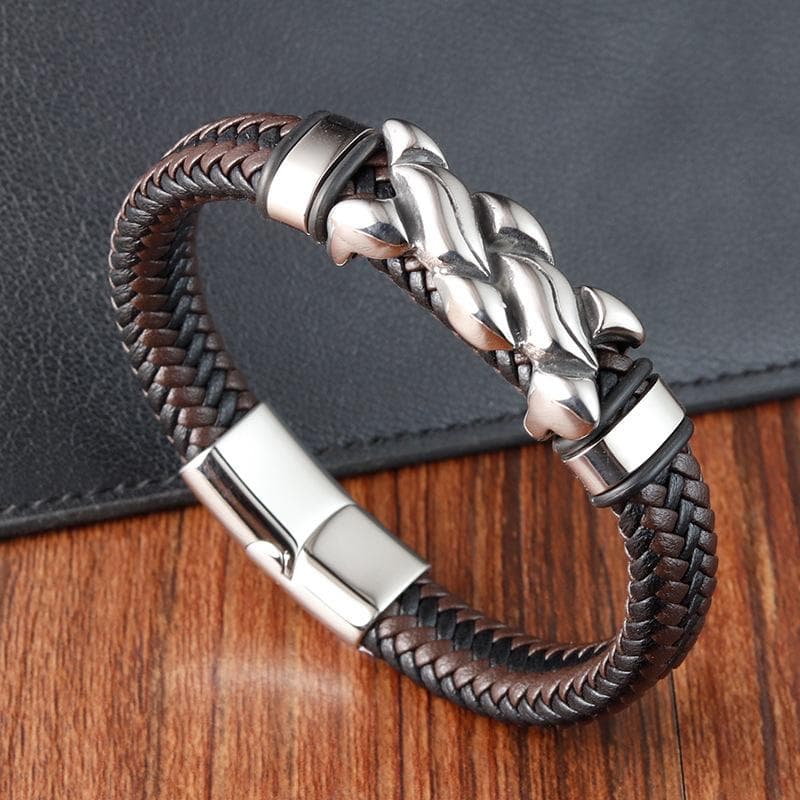 21CM Men Hand-woven Leather Rope Bracelet Black Hip Hop Vintage Chain Bracelet Male Stainless Steel Jewelry 21cm