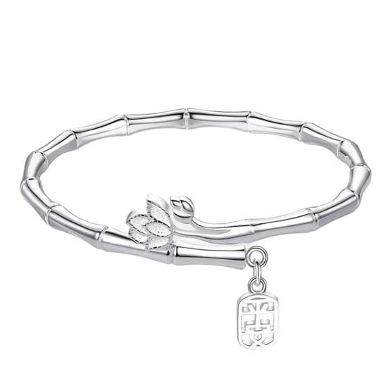Flower Decor Women Bangle Chinese Character Pendant Adjustable Bamboo Shape Open Bracelet Jewelry Accessories silver