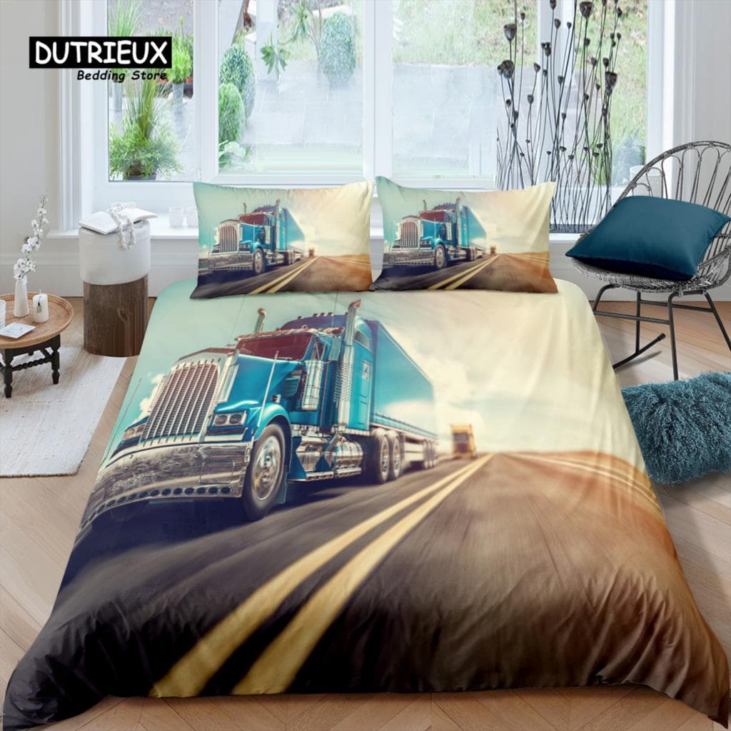 Home Living Luxury 3D Truck Bedding Set Red Lorry Duvet Cover Pillowcase Queen and King EU/US/AU/UK Size Comforter Bedding AU Single(140x210cm)