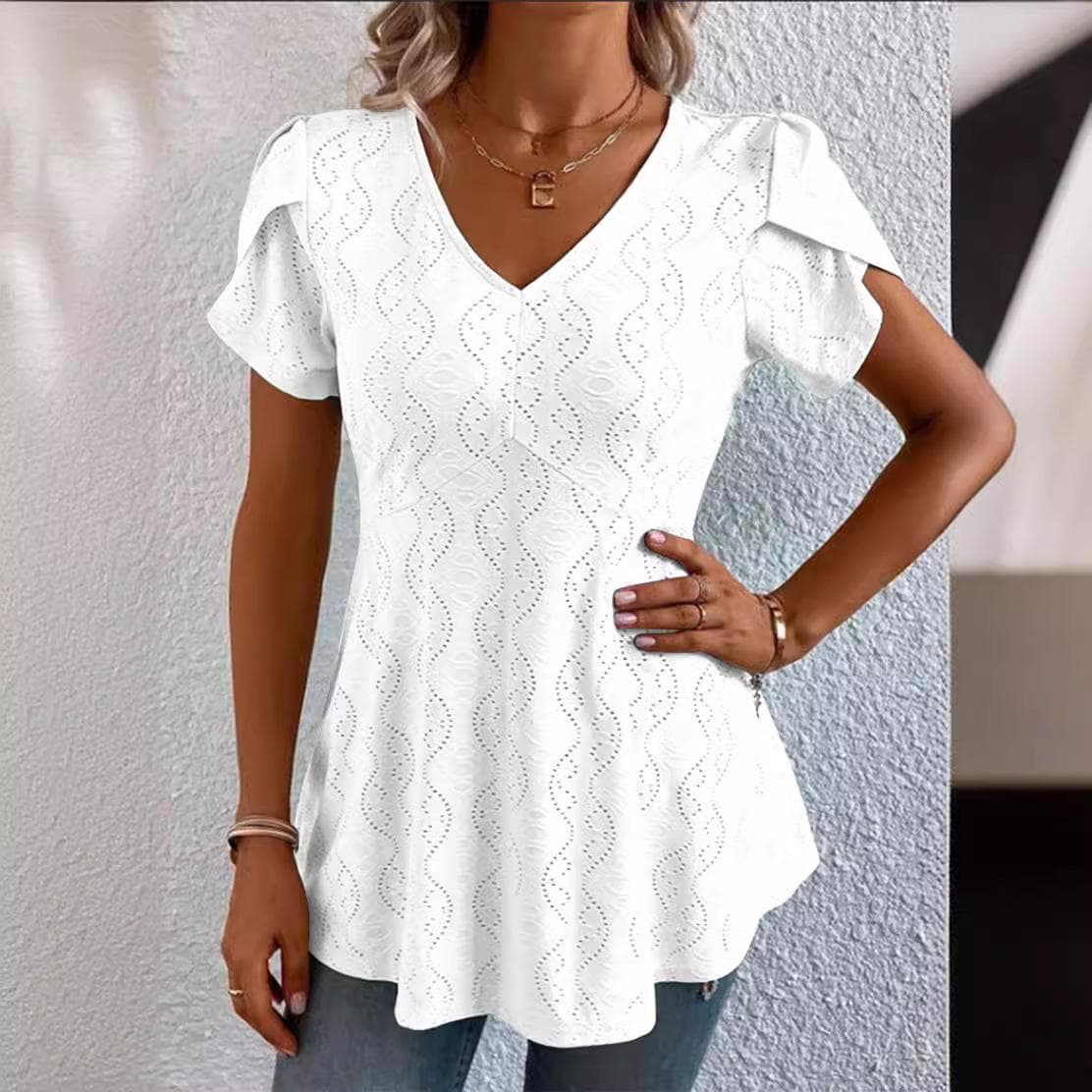 Summer Solid Colour V-neck Comfortable Casual T-shirt Short Sleeve Top for Women XXL white
