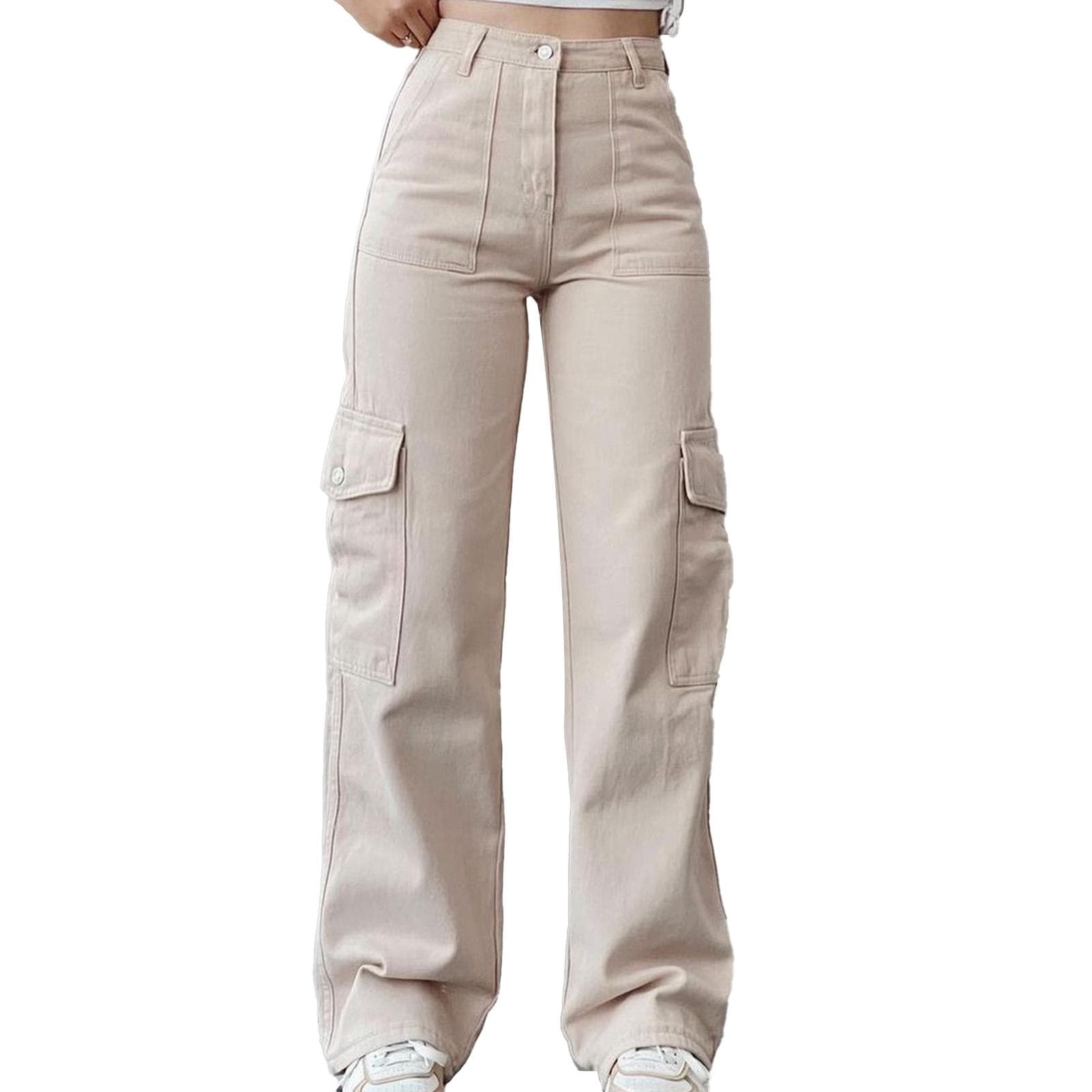 Women Pants with Multiple Pockets Relaxed Fit Straight Wide Leg Mid Waist Casual Streetwear M(for 4-6.5kg)