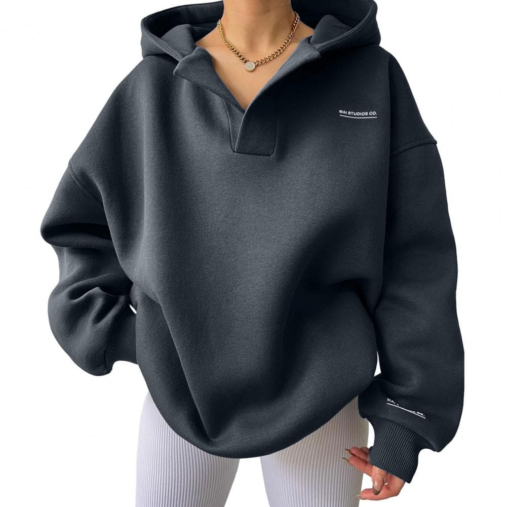 Autumn Winter Women Hoodies V-neck Long Sleeves Pullover Tops Fashion Solid Color Hooded Sports Coat Casual Loose Sweatshirt L grey