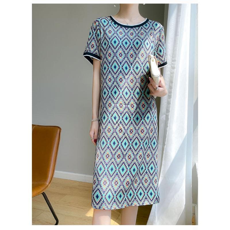 Round Neck Diamond Acetic Acid Dress for Women In Summer New Korean Style Slim Color-blocking Mid-length A-line Skirt Thin XXXXXL