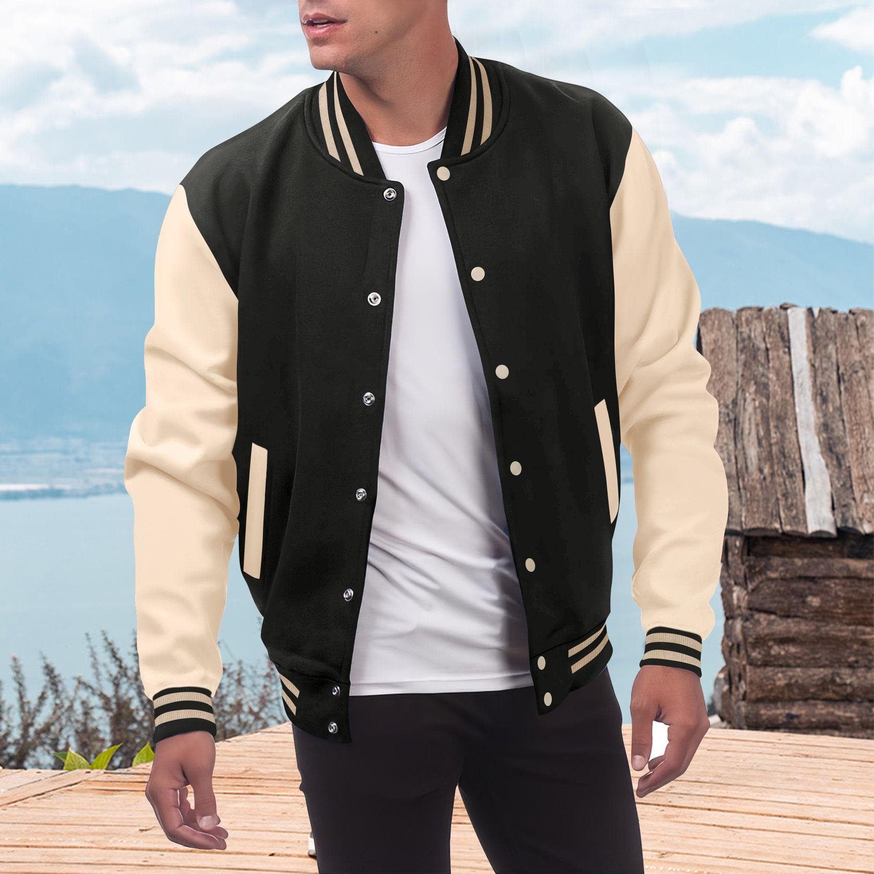 Casual Varsity Jacket for Men Long Sleeve Slim Fit Letterman Baseball Bomber Jackets Lightweight Sweatshirt Men's Button Down Windbreaker Jackets S black