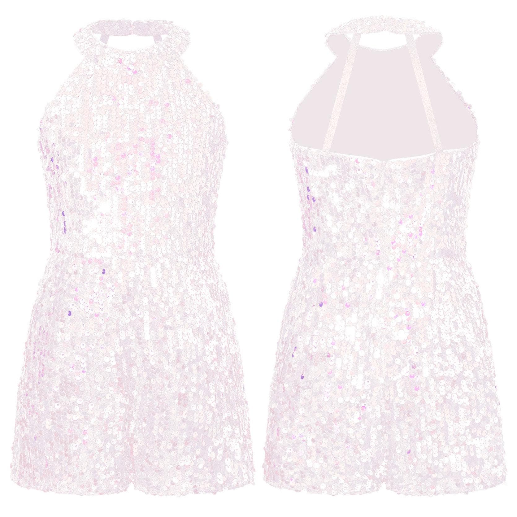Girls Jazz Dance Costume Halter Shiny Sequins Leotard Sleeveless Short Jumpsuit Stage Performance Clothes 5-6 Years pink