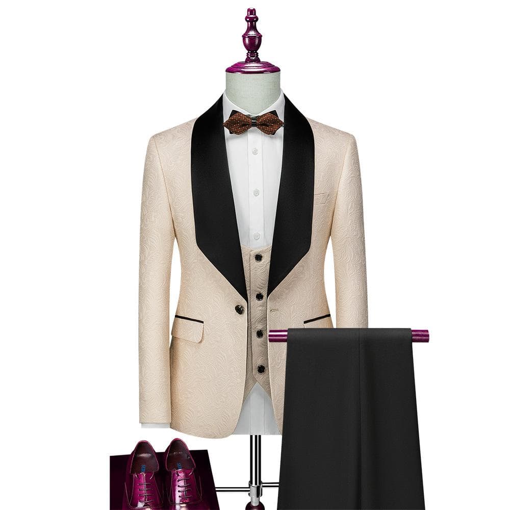 Men's Three Piece Suit Solid Color Slim Bridegroom Wedding Evening Party Suit(Blazer+Vest+Pants) M almond