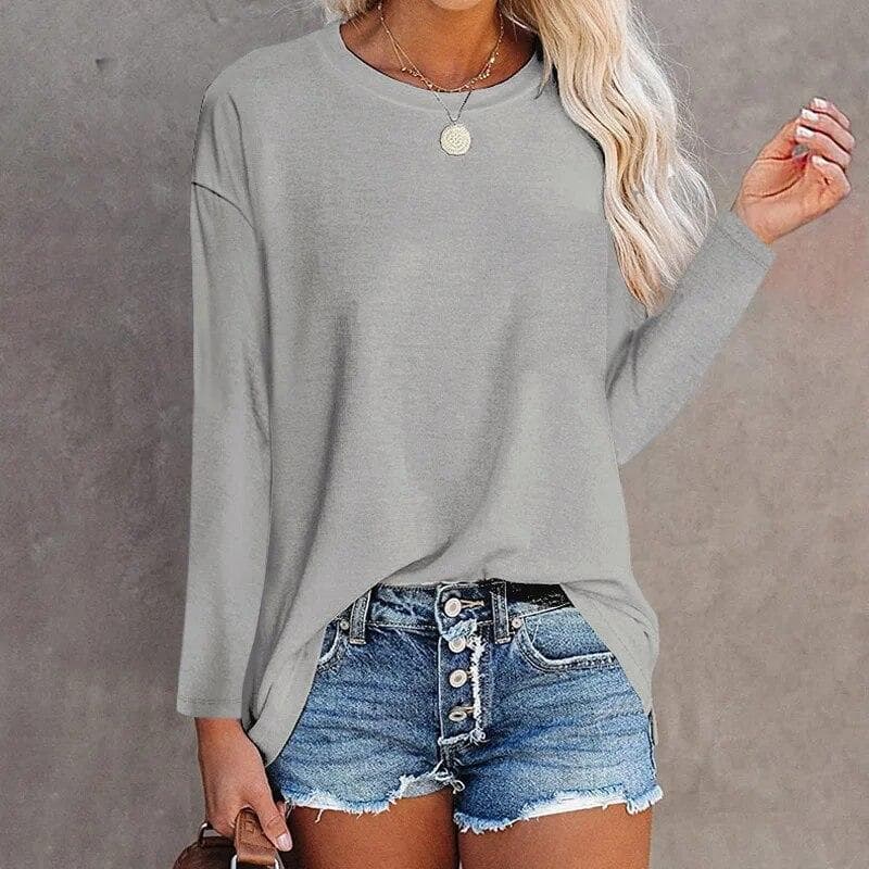 Elegant Solid Color Long Sleeved Cotton T-shirt Tops Women O Neck All Match Harajuku Y2K Female Clothes Loose Casual Tees Femme L light grey