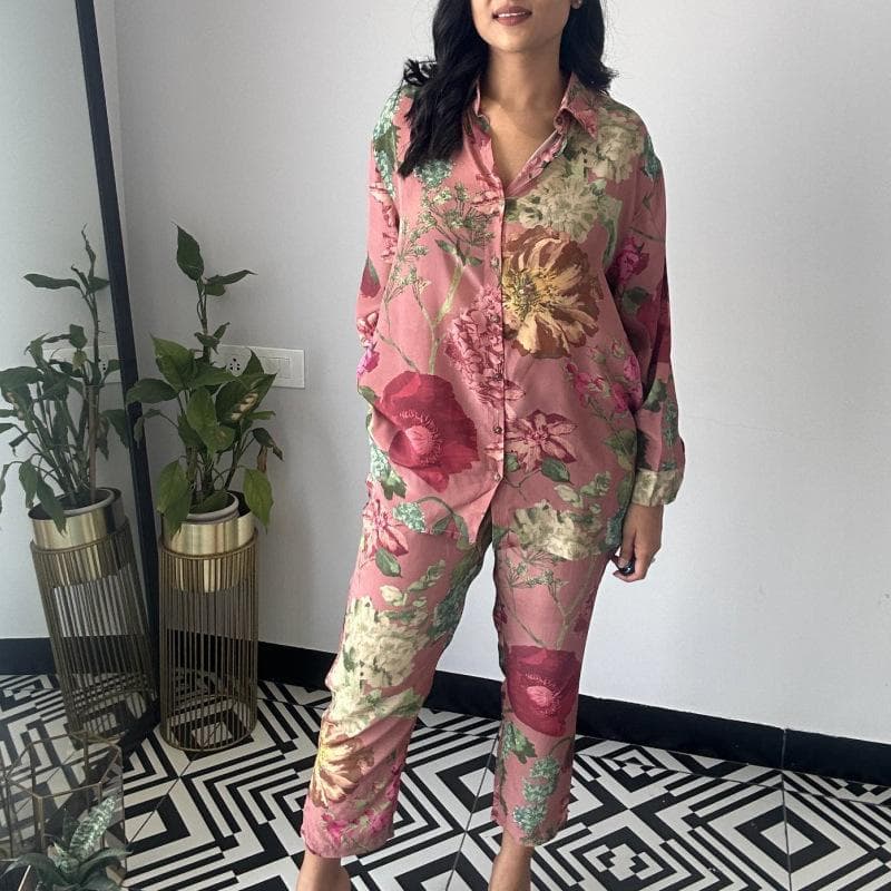 Women's Pajamas Floral Print 2 Piece Long Sleeve Lapel Single Breasted Shirt Loose Pants Women's Elegant Lounge Wear Set XXL