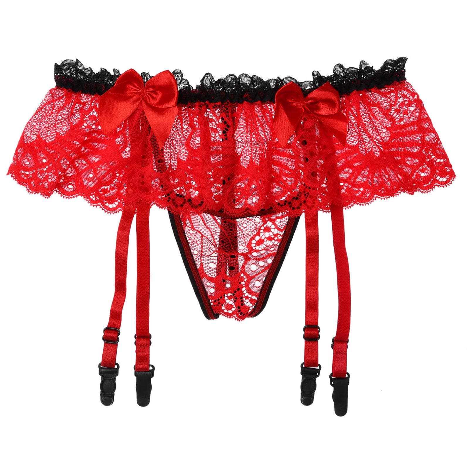 Men's Sexy Stocking Garter Lace Suspender Belts Panties Bow Garters red