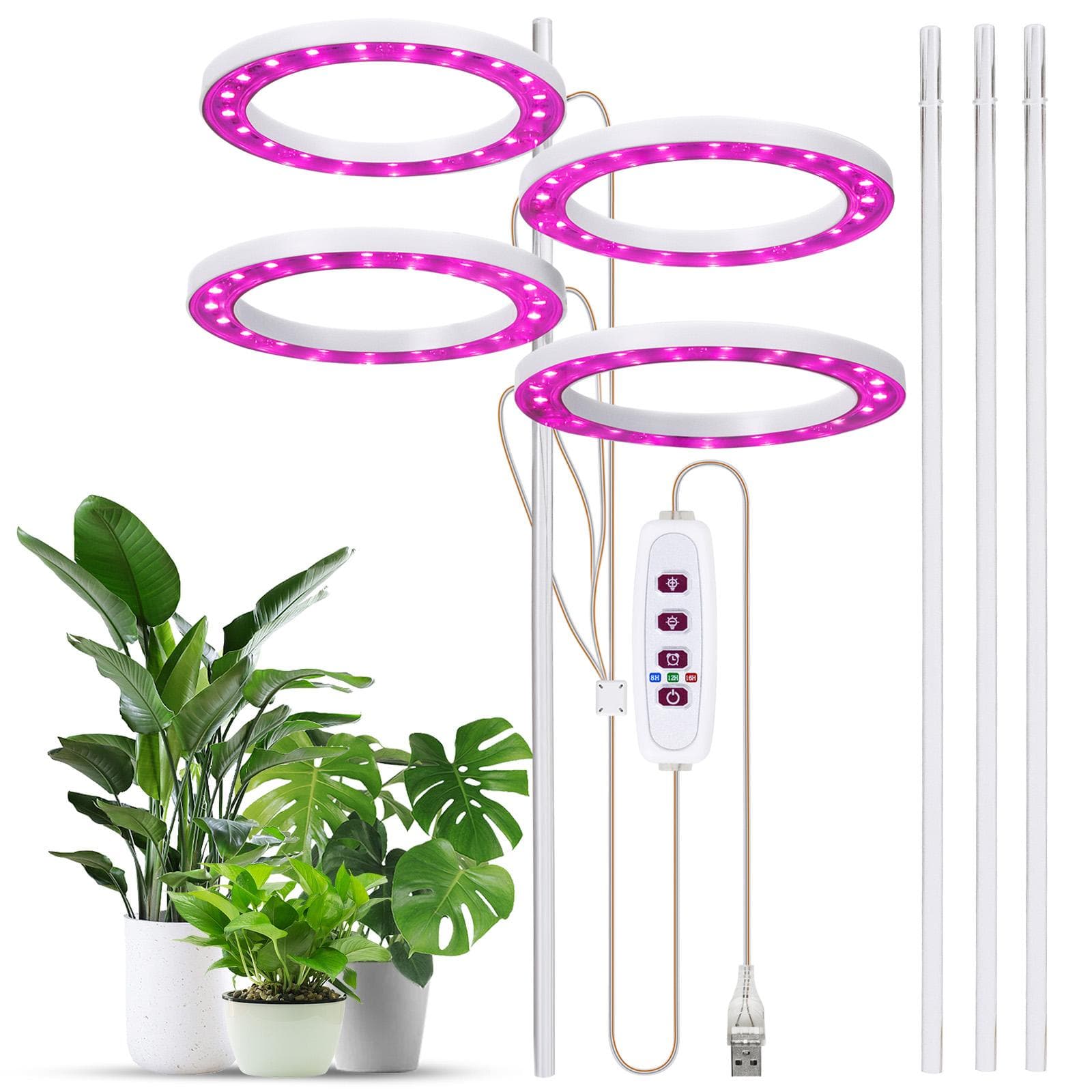 Grow Lights for Indoor Plants 4 Heads 6.2W 301.7lm 80LED 4000K USB Powered Grow Light 8H/12H/16H 4 Heads Pink Purple Light