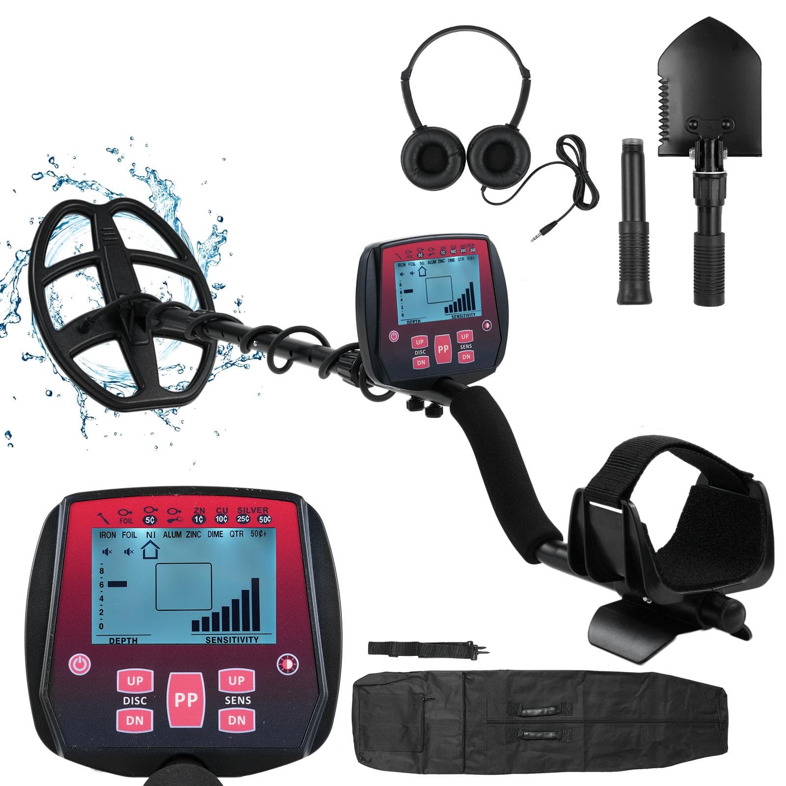 GC-1073 High Sensitivity Underground Metal Detector Waterproof Gold Detectors Lightweight with LCD with headphones & shovel red
