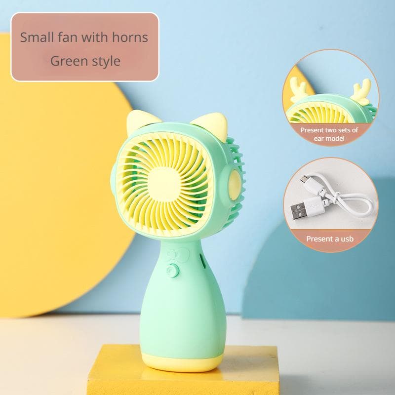 Mini Electric Fan Cartoon USB Small Cooling Fans Rabbit/Deer Ears Shape Portable with Lanyard Mute for Home Office Dormitory green