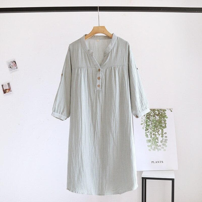 Spring and autumn new women's long skirt 100%cotton gauze plaid nightdress long-sleeved home skirt simple V-neck skirt nightgown XL green