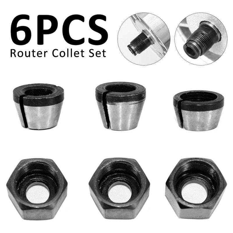 6pcs Router Bit Collet Chuck Set 6/6.35/8mm Trimmer Collet Chuck Heads Carbon Steel Collet Chuck High Precision Adapter Pack of 6