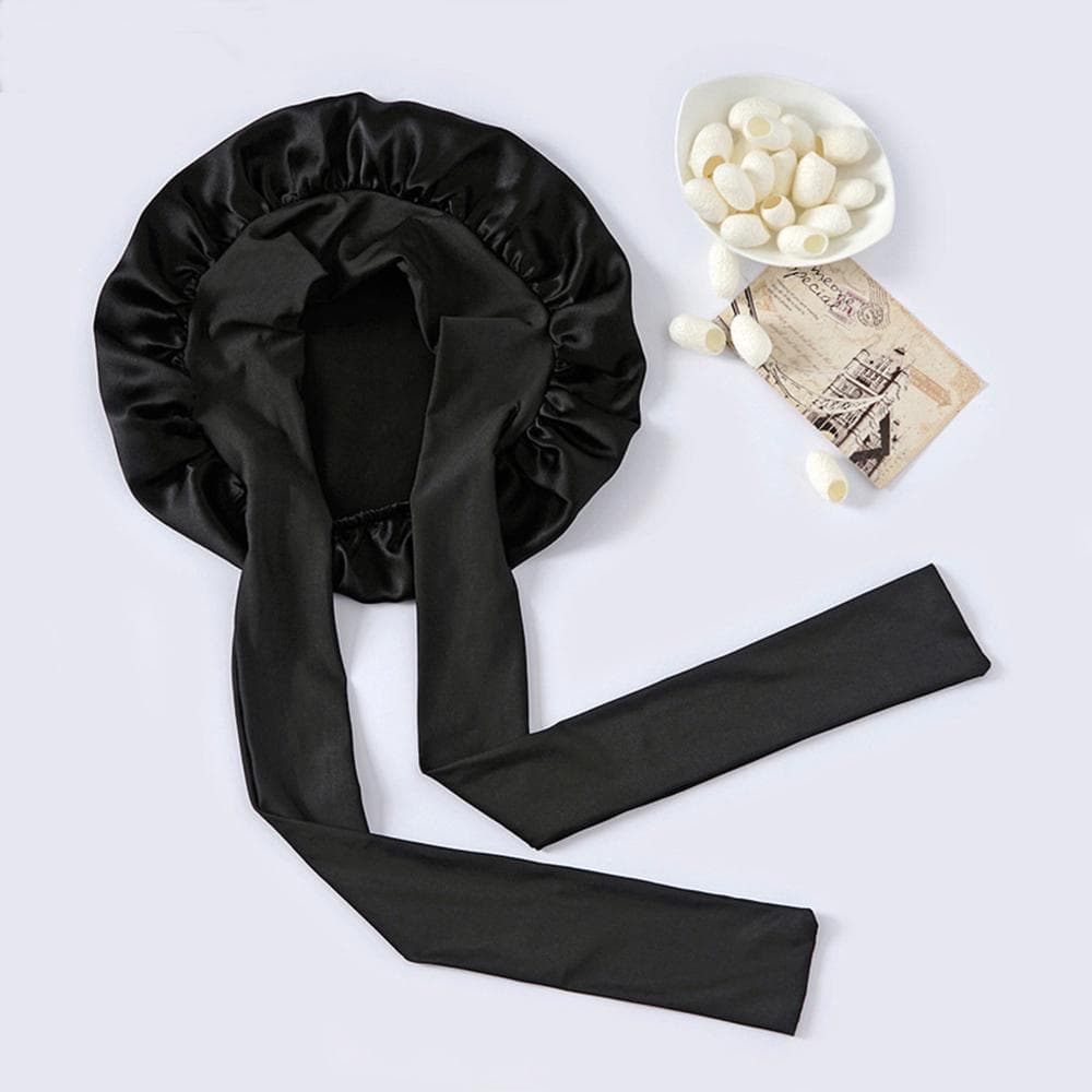 100% Mulberry Silk Sleeping Bonnet for Women Large Sleep Cap with Wide Elastic Tie Band for Curly Dreadlock Braid Hair Care black