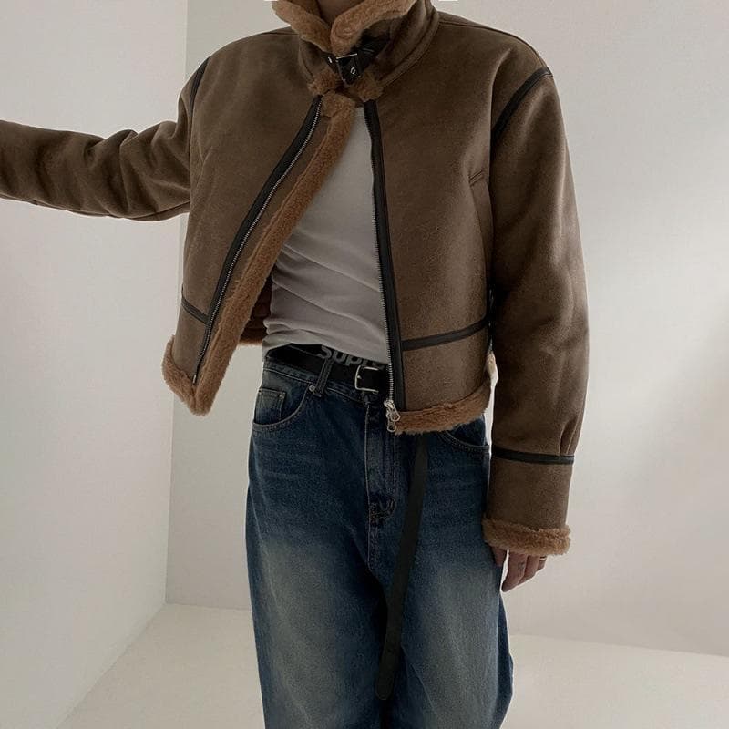 Fur All-in-one Cotton Jacket Men's Winter Korean Style Loose Suede Lambskin Motorcycle Leather Jacket 2XL brown