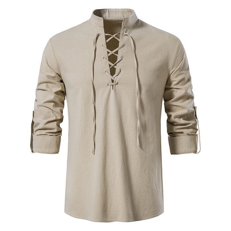 2023 Men's V-neck Shirt T-shirt Fashion Vintage Thin Long Sleeve Top Men Casual Breathable Front Lace Up Man Shirts XL apricot