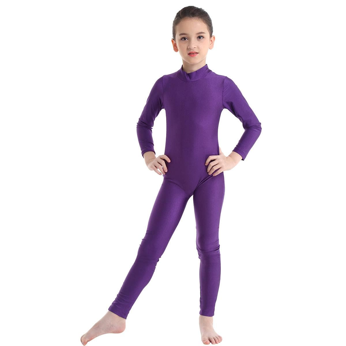 Children's Girls Long Sleeve Dance Gymnastic Leotard Unitard Full Length Bodysuit Catsuit Dancewear Costumes 3-4 Years purple