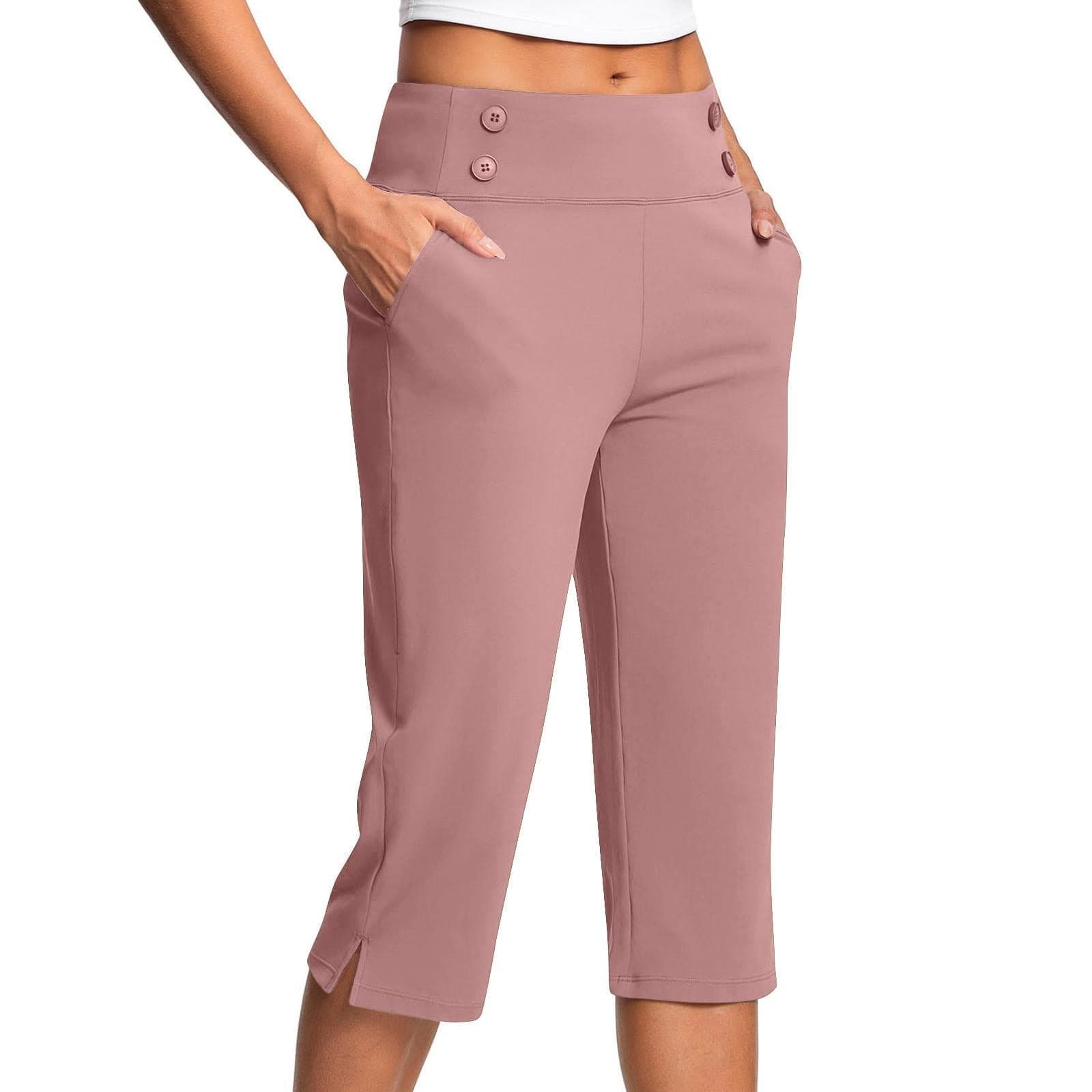 Women's Fashionable Solid Color Button Pocket Pants With Split Hems High Waist Sports Yoga Casual Cropped Pants S pink