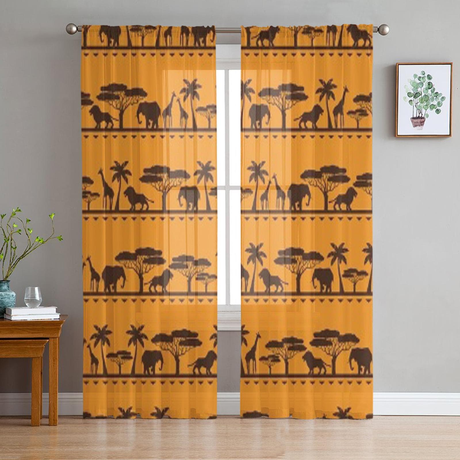 African Ethnic Lion Elephant Giraffe Tree Tulle Sheer Curtains for Living Room Bedroom Kitchen Decoration Voile Organza Curtains 135W x 114H(cm)