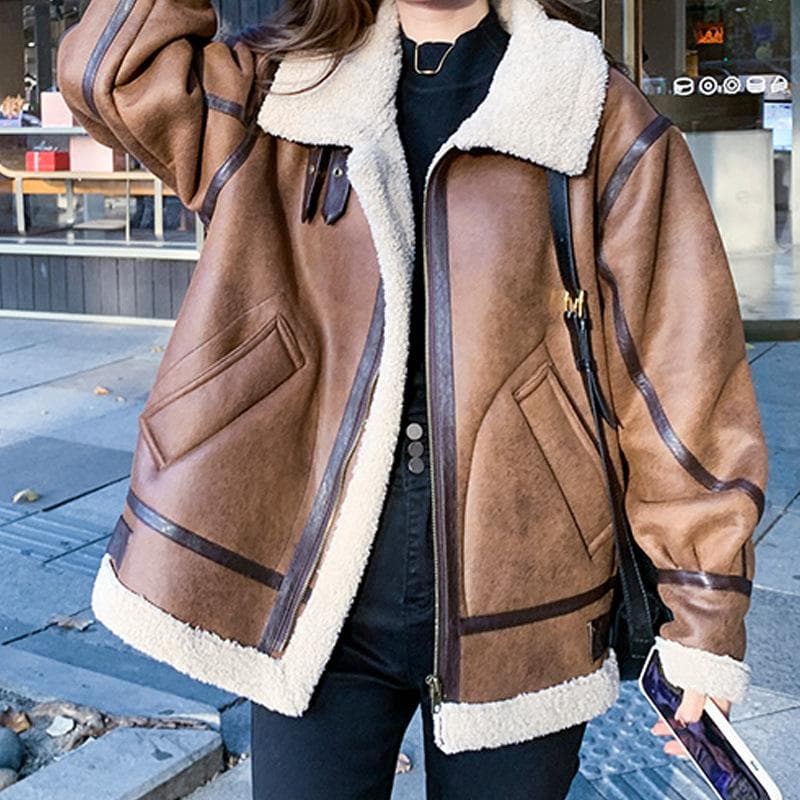 Leather Lambswool Coat Women's Fur All-in-one Winter Loose Casual Stand-up Collar Motorcycle Jacket Plus Velvet and Thickening L brown
