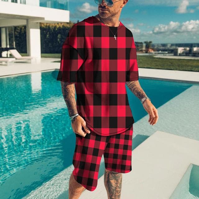 Summer Men's New Two-Piece Short Sleeve + Shorts Casual Black and White Striped Print Simple Fashion Outdoor Men's Luxury Suit XL
