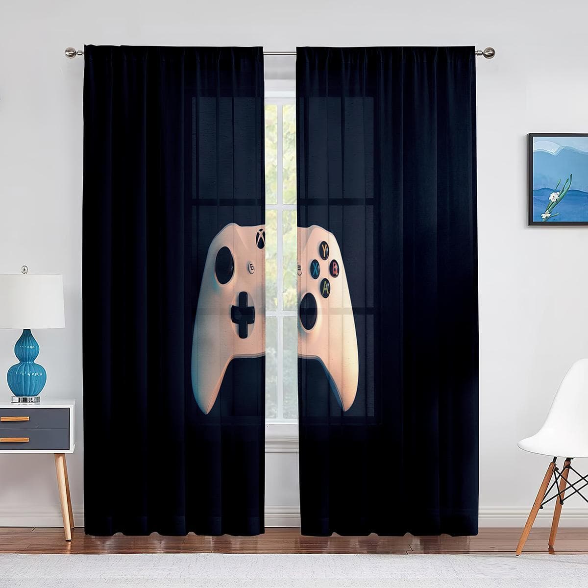 Boys Gamer Tulle Curtains for Living Room Decor Gaming Controller Video Game for Kids Sheer Voile Curtain Window Drapes Blinds 1 PCS W400XH250cm&Grommet Top