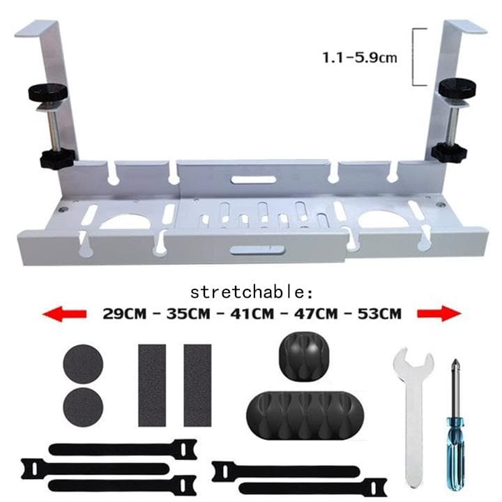 Non-punching adjustable adjustable length under the table cable rack socket storage rack table bottom hanging basket white